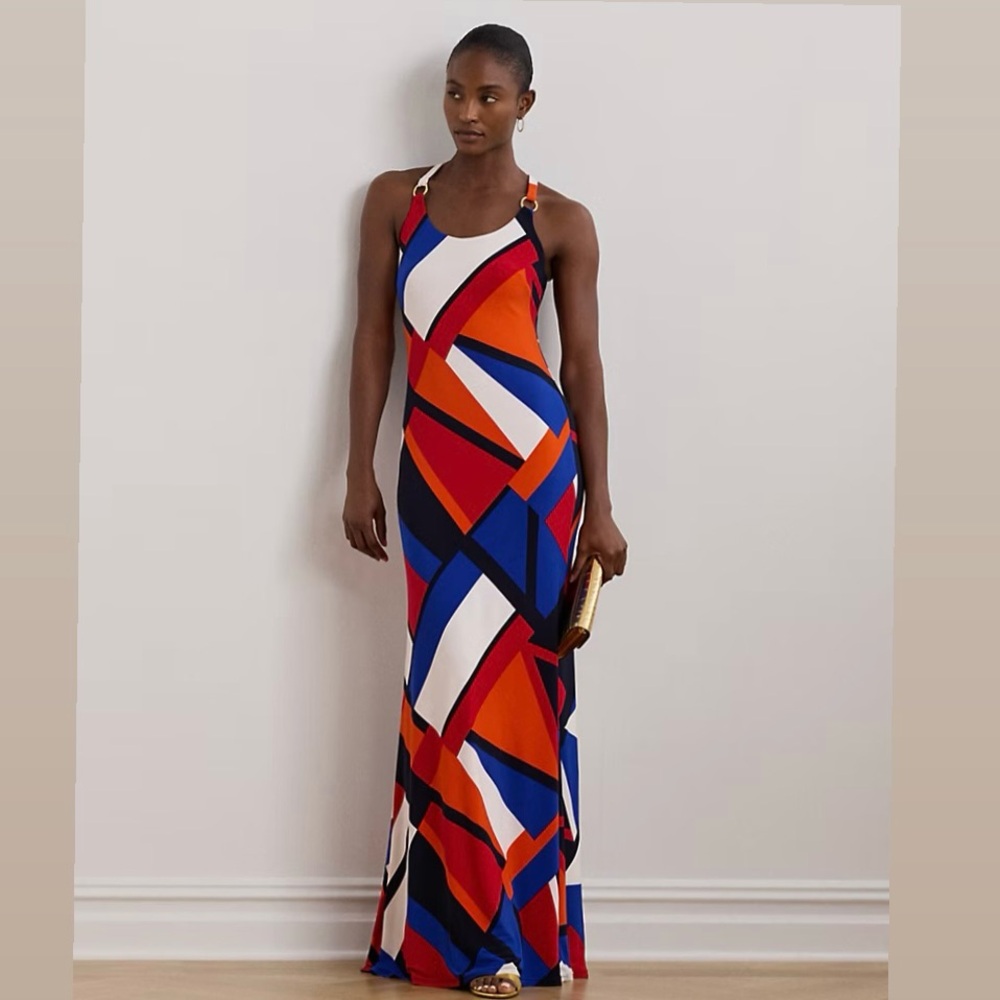 Ralph Lauren Jersey Halter multicolor Geometric  Maxi Dress gown NEW